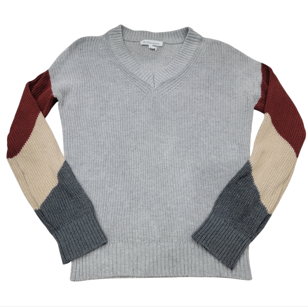 BCBGeneration V-neck Knit Sweater Colorblock Lantern Sleeves Grey Women’… - Picture 7 of 16